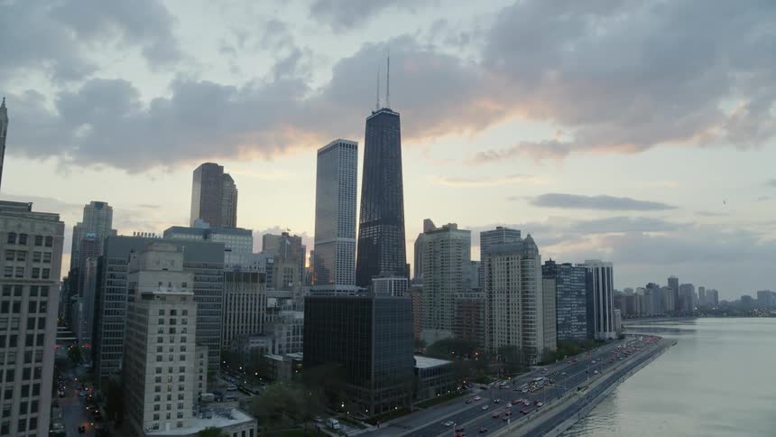 Chicago Lakeshore drive traffic at sunset
