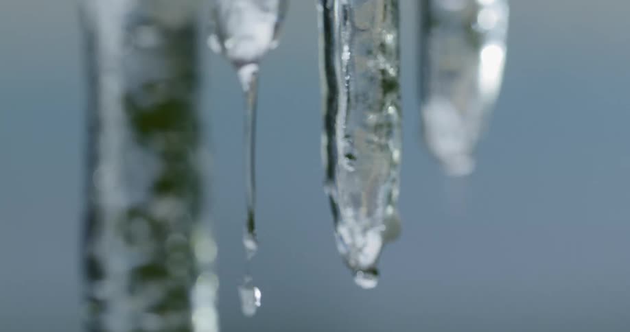 Water drips from melting icicles