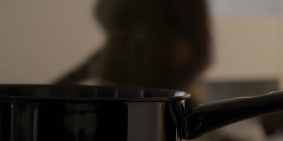 Person lifts lid off pot letting steam escape as another passes by