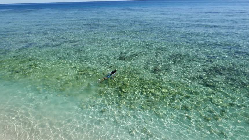 A person snorkels in clear ocean waters