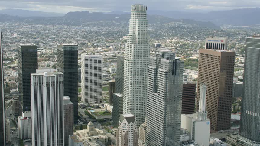 Aerial flight through Downtown Los Angeles