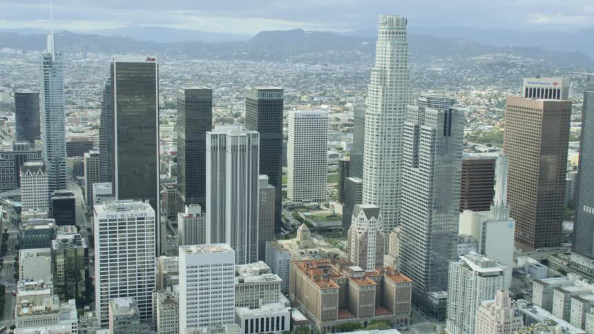 Aerial approach of Downtown Los Angeles