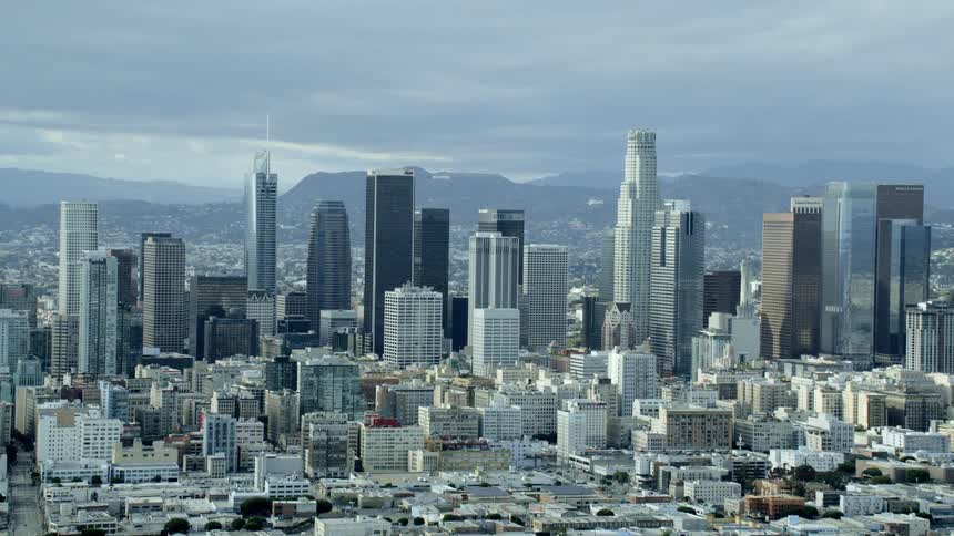 Aerial view zooming out of Downtown Los Angeles
