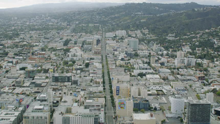 Aerial view of empty streets in Hollywood during social distancing