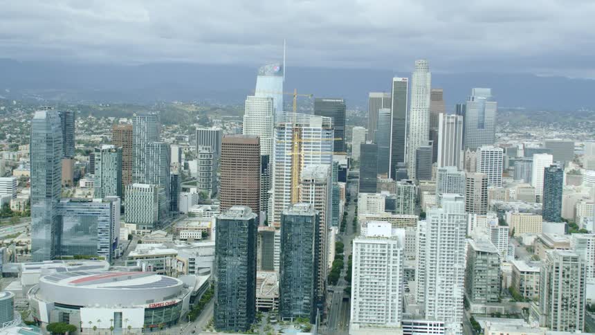 Aerial view of Los Angeles skyline with empty streets; Covid-19
