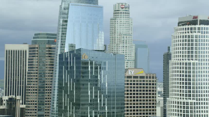 Aerial view of high rises in city downtown
