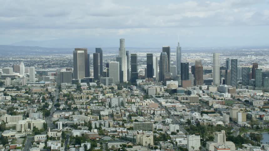 Aerial view of Los Angeles Skyline with empty streets during COVID 19
