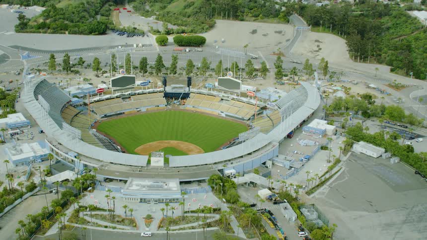 Aerial of an empty LA Dodgers baseball stadium