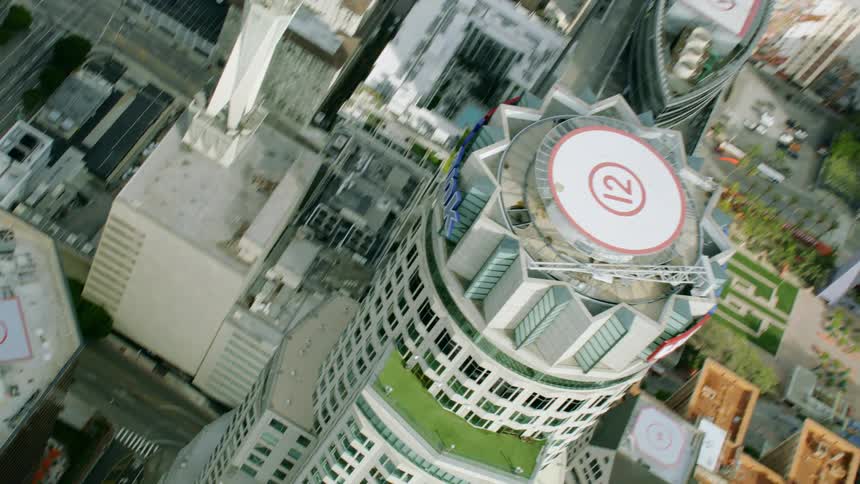 Flying over skyscrapers in downtown Los Angeles