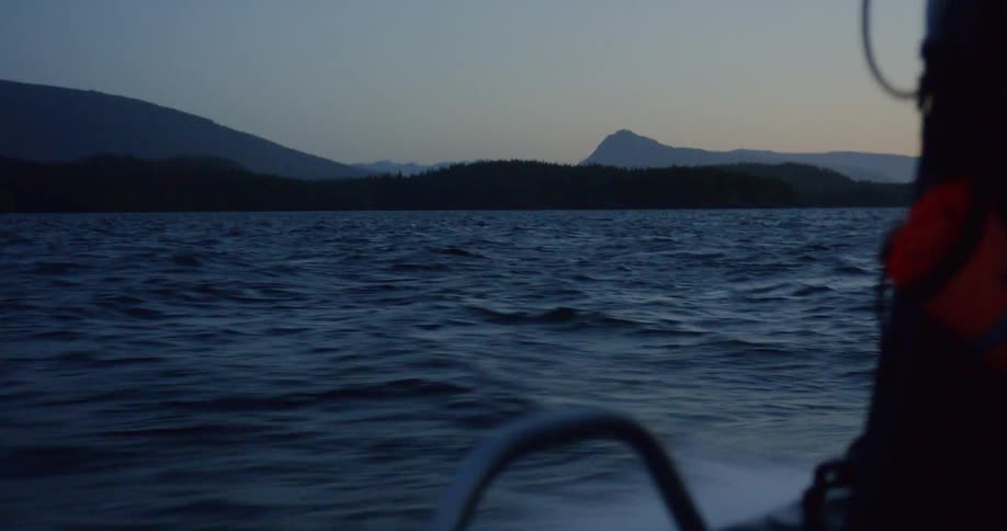 Boat skims over water past shoreline after dusk