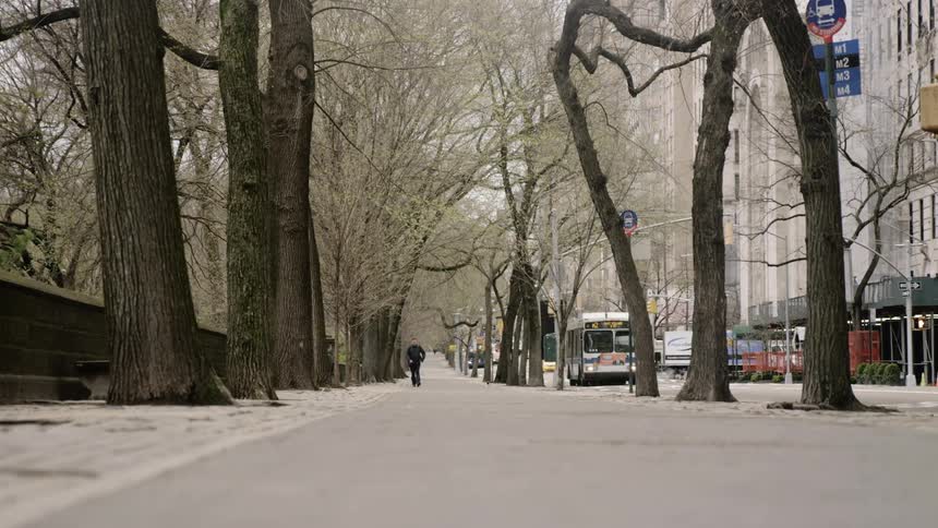 A person walks alone on a city sidewalk while a public bus passes them