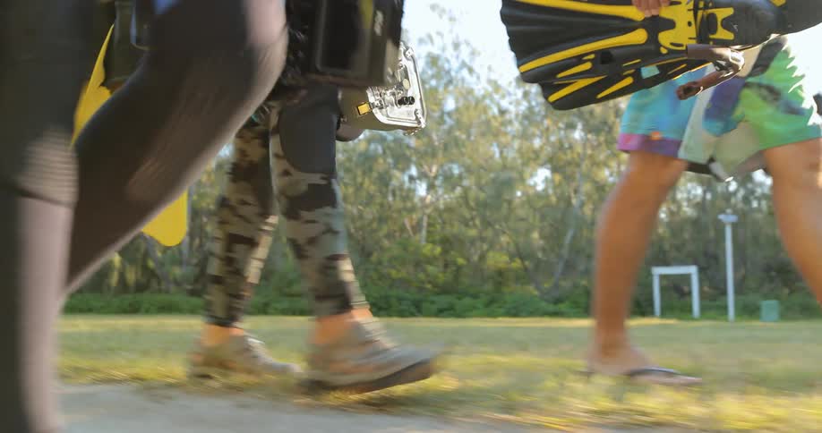 A group of people carrying swim gear and cameras are walking on a sunny day