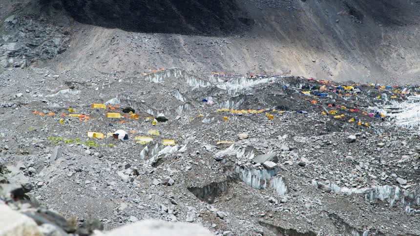 The colorful tents set up at a mountain base camp