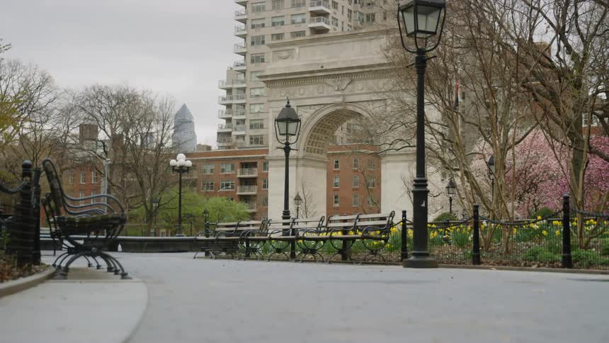 Flowers bloom in empty Washington Square park near downtown