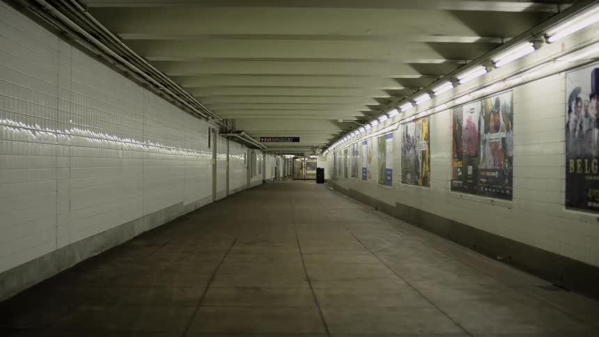 Posters line the walls of an empty subway tunnel
