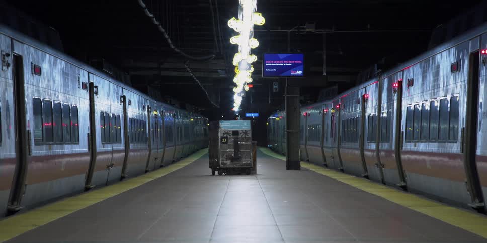 The train platform is empty with two parked trains
