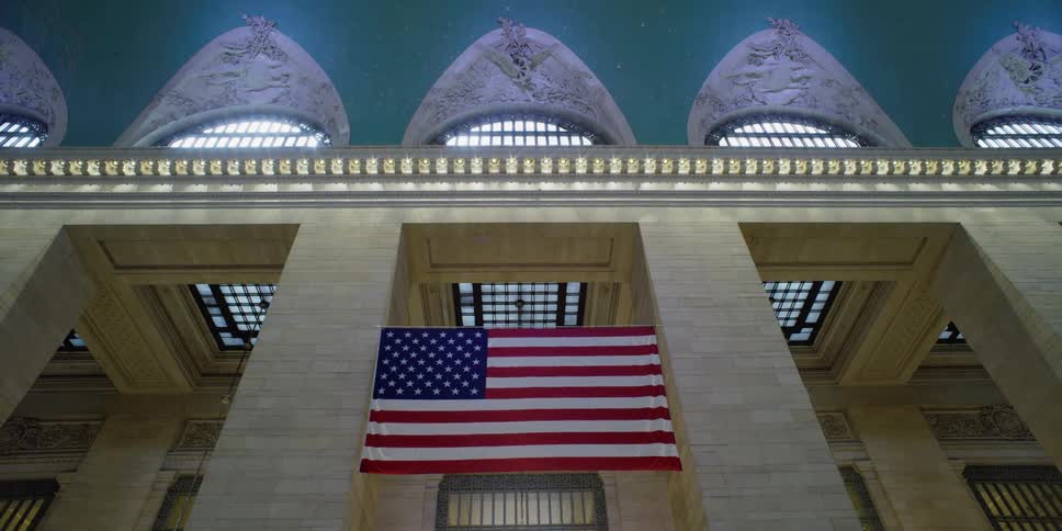 The flag sits on the wall of the station