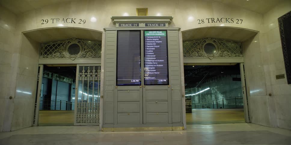 Led lists scheduled times between two labeled doors leading to tracks