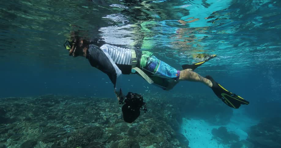 A man is swimming near the surface of the water holding a camera