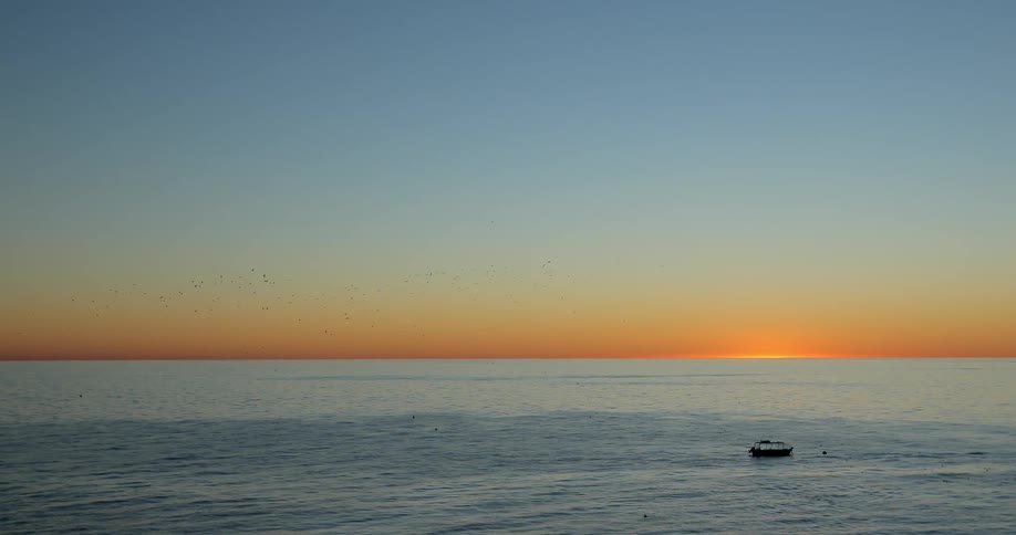 Birds fly over the ocean as a raft bobs on the water during sunset