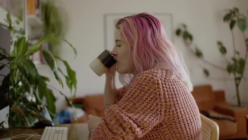 A pink haired female at her computer in her living room