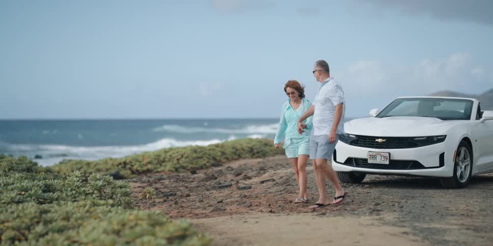 A man and a woman walking and holding hands near the coast with a white convertible behind them