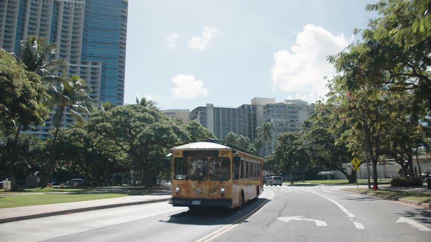 Vehicle drives along the highway in the city