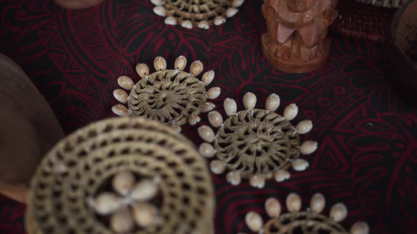 Hand crafted items sit on a table