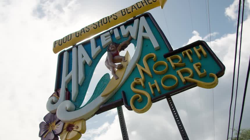 Sign for haleiwa north shore business area in hawaii