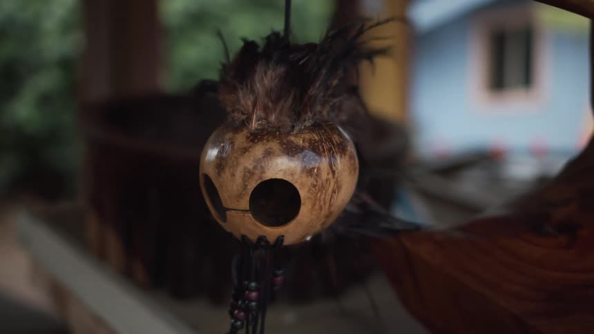 A homemade bird feeder swings in the breeze