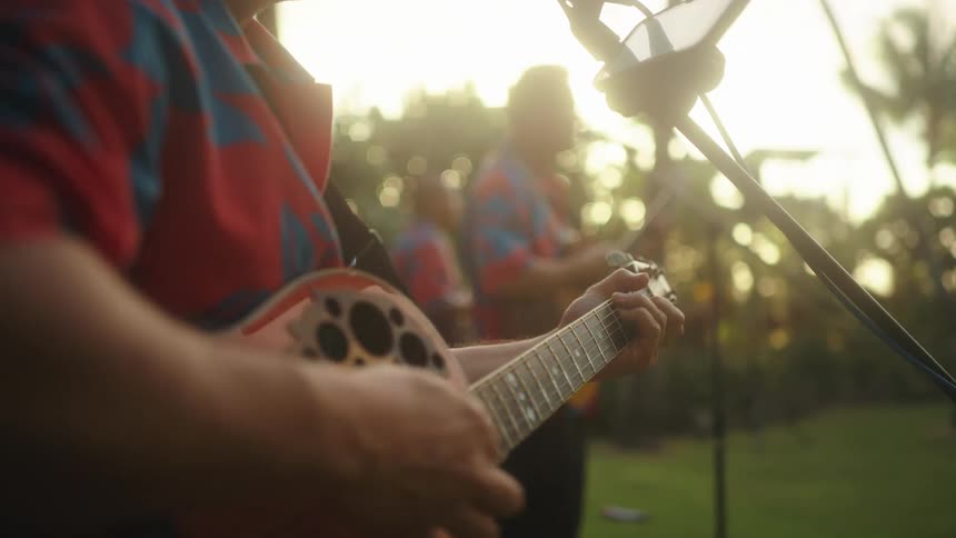 A band wearing hawaiian shirts plays guitar outside