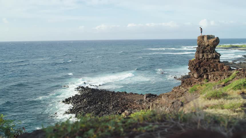A person stands on a cliff overlooking the ocean