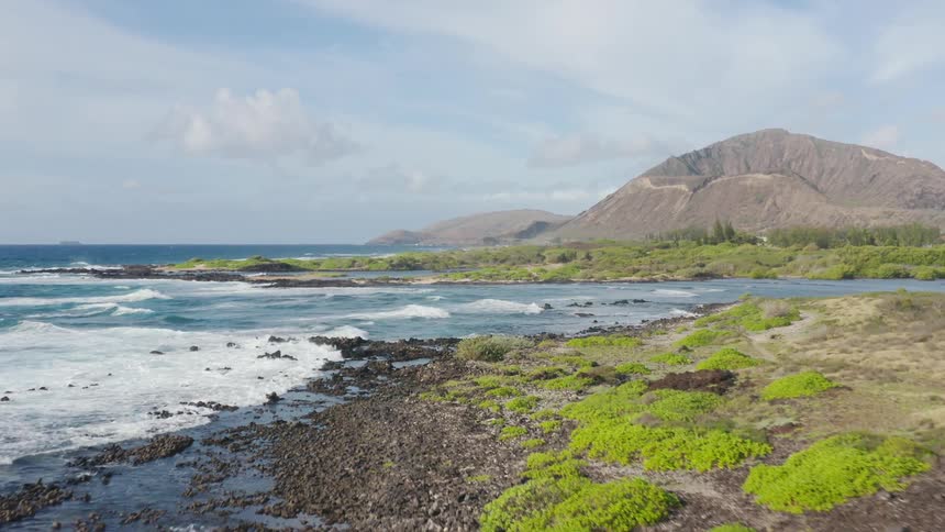 Aerial view of the ocean waves crashing against the rocky shore during daylight