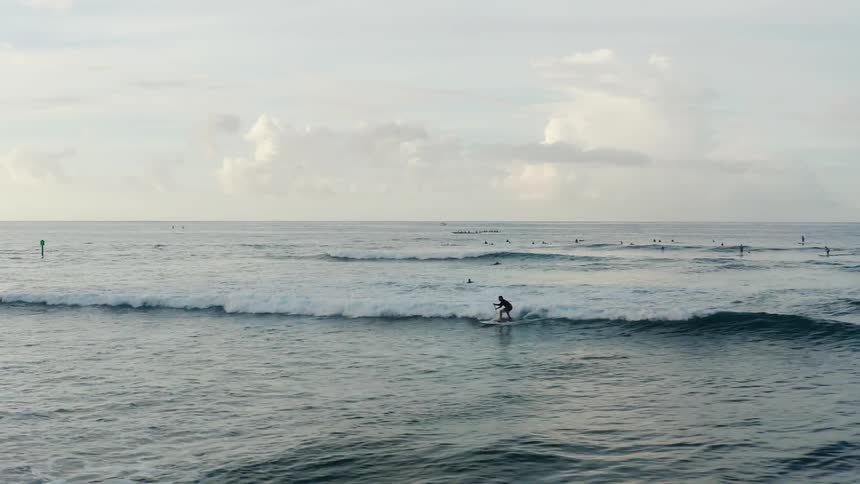 Man surfs on a wave in the sea using a surfboard