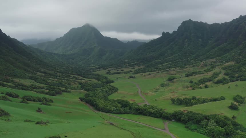 Green fertile valley surrounded by forest covered mountains