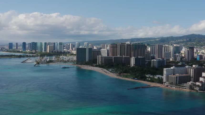 Aerial view of beachfront city downtown