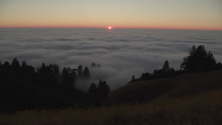 The sun sets and sky turns red above the forest