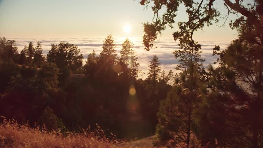 The sun shines and glares over a thick layer of fog cover with hills and trees