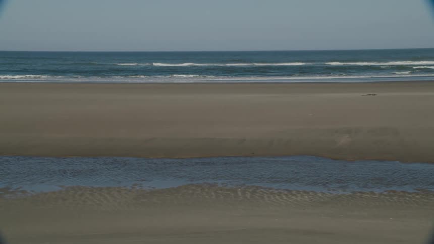 A tidal pool flows through the sand as ocean waves break and splash as they come to shore
