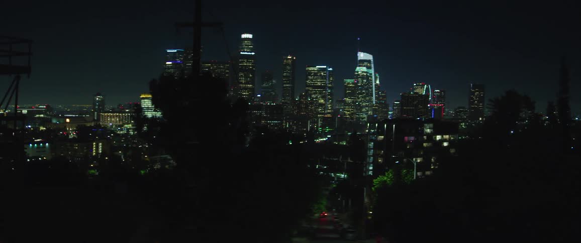 Aerial view of the illuminated city with skyscrapers and tall buildings at night