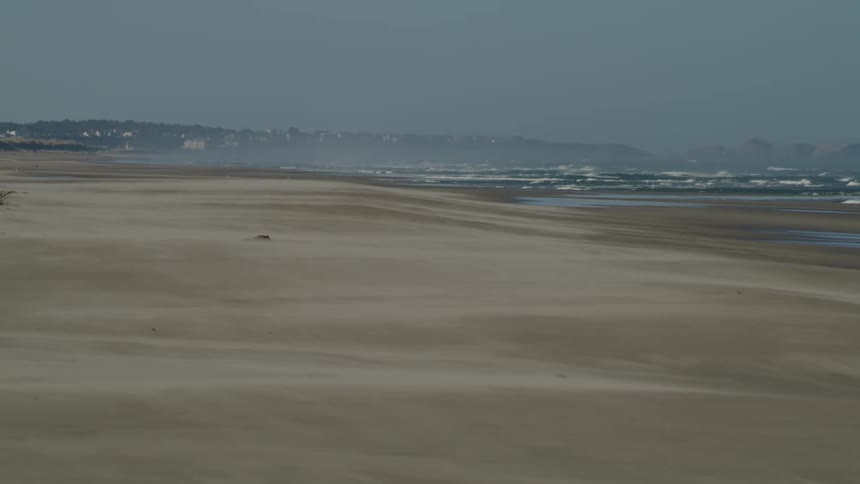 A wide sandy beach covered in mist from the ocean