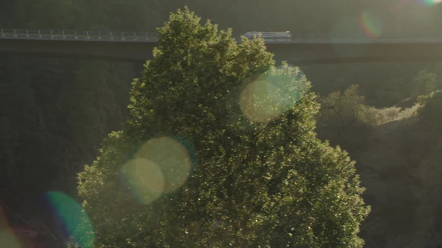 Traffic crosses a tall bridge over a river
