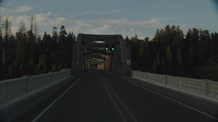 A road with a bridge with trees in the background