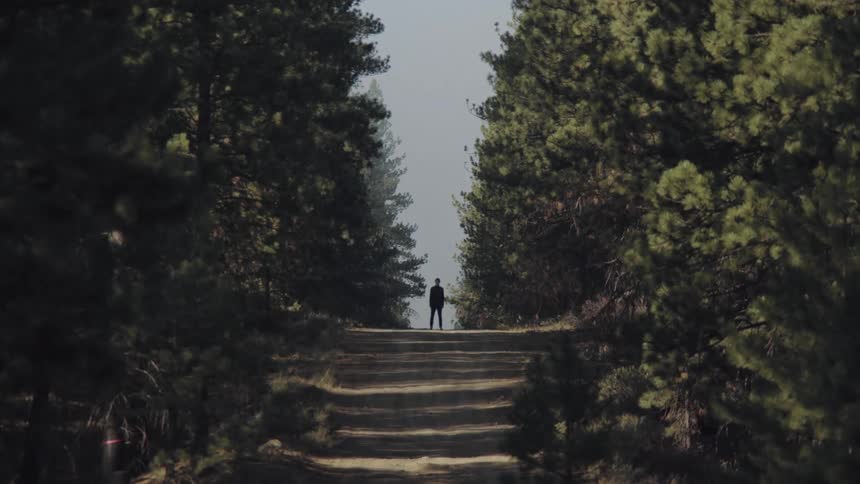 A man standing on a roadway with trees on both sides