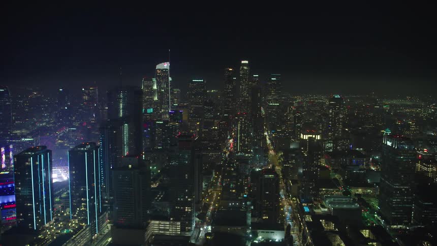Drone footage of los angeles skyline at night