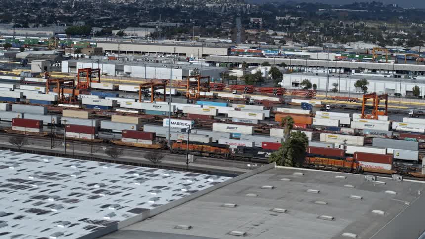 Aerial view of shipping yard with trains