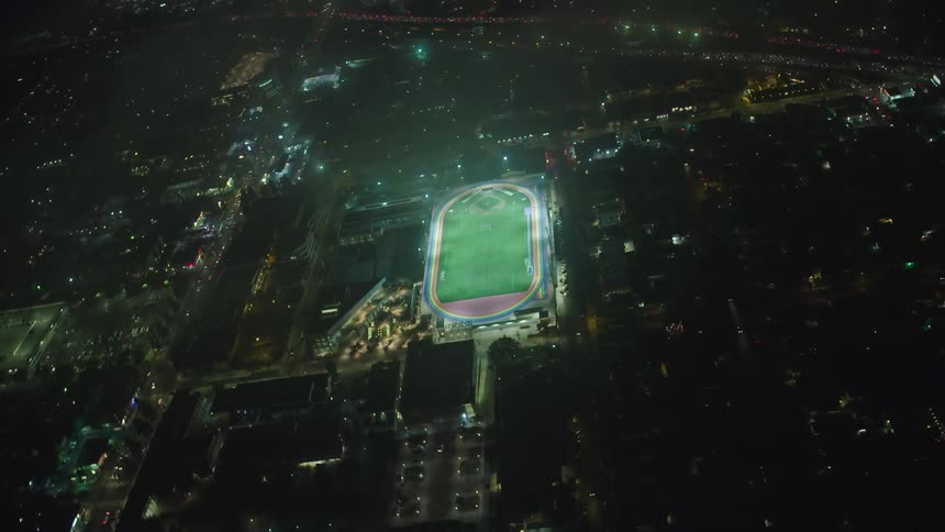Birds eye view of a stadium in a city
