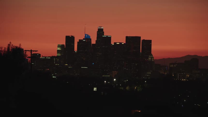City downtown skyline at sunset