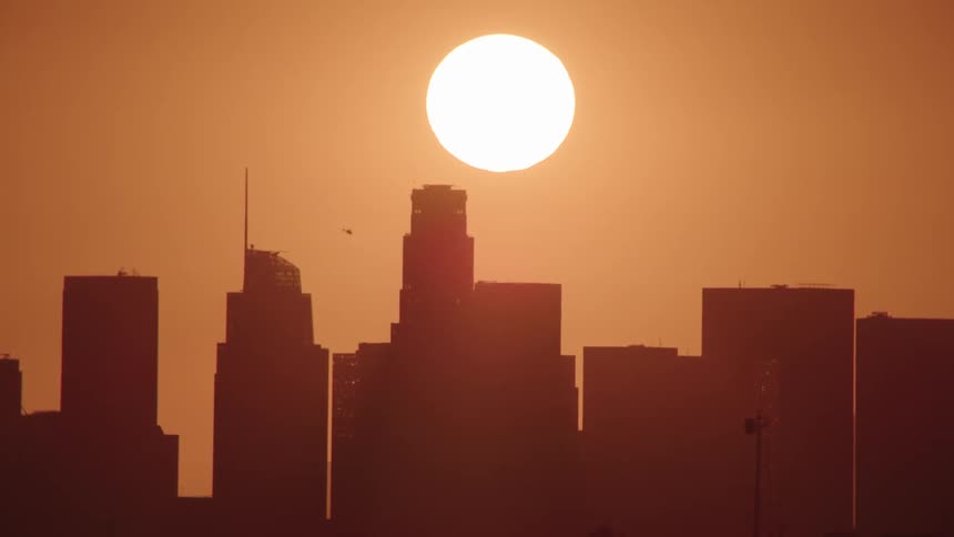 The city skyline with buildings and skyscrapers with trees in the foreground and the sky in the background
