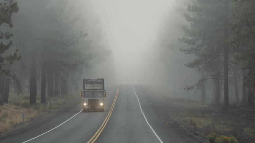 Vehicle drives along foggy forest highway during daylight